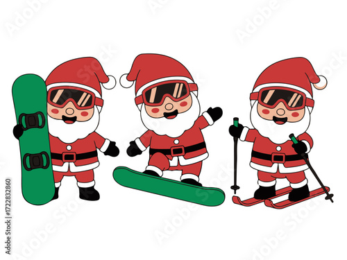Cute Cartoon Santa Claus Snowboarding and Skiing Set Fun Winter Holiday Illustrations