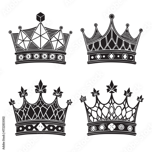 Four intricately designed crowns isolated on white background, each with unique patterns and embellishments, exuding royalty