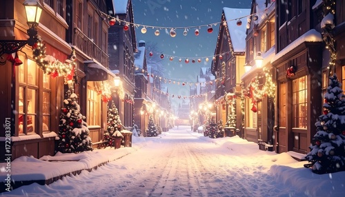 Snowy street, festive lights, Christmas trees