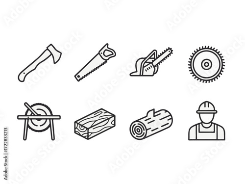 A collection of woodworking and lumberjack tools and equipment icons, including an axe, saw, chainsaw, circular saw, log, wood block, and a lumberjack character