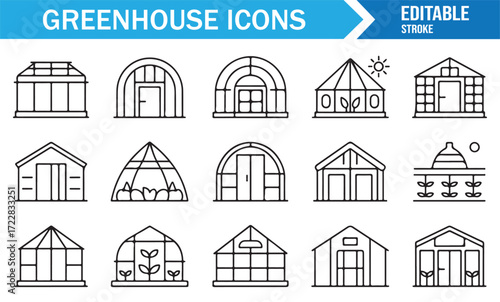 Botanical greenhouse structures icon pack for agriculture illustrations