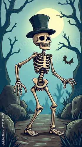 Dancing Skeleton Halloween. Cartoon skeleton in top hat under full moon with bat flying. vertical view.