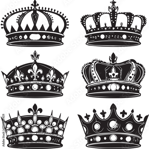 A collection of six ornate crowns isolated on white background, each with unique embellishments, representing regal authority and history