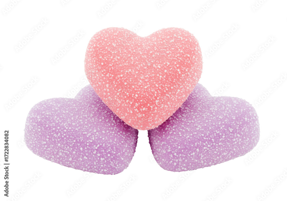 Obraz premium Isolated heart-shaped gummies stacked on each other, pink and purple sugared candies, sweets