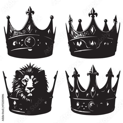 Four crowns isolated on white background, including one with a lion wearing a crown, in black and white vector format