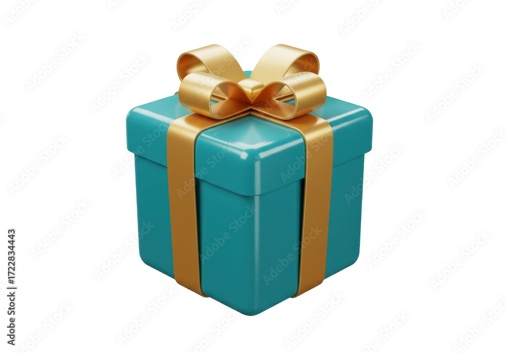 Fototapeta premium Isolated turquoise gift wrapped in golden ribbon and bow for celebrations events