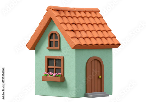 Fotografija Isolated cheerful clay house, cartoonish illustration of a small hut with orange