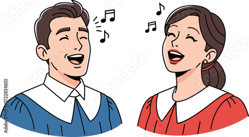 Cartoon Music Icons Featuring Duo Singing with Notes, Joyful Mood, Performance Theme, and Festive Vocal Scene in Uniforms