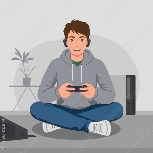 Teenager Playing Video Game with Headset at Home