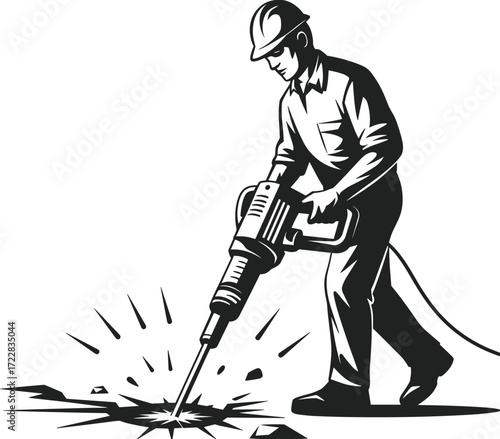 Silhouette vector illustration of construction worker operating jackhammer machine breaking ground surface, symbolizing hard labor, demolition, repair, building, engineering, and industry.