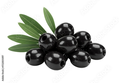 Isolated group of shiny black olives with leaves, healthy appetizer for cooking snacks