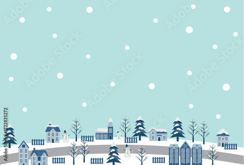寒中見舞い、昼、雪、冬、街並み、かわいい、シンプル、背景、イラスト、はがき