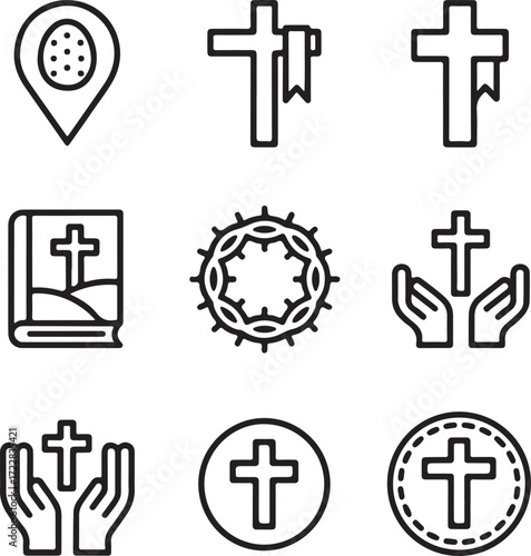Set of nine black line art religious icons including crosses and a bible christianity crown of thorns