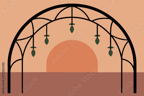 Minimalist black archway with hanging green leaves against a warm sunset sky and earth tones