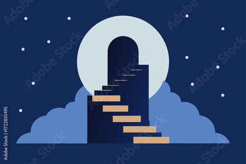 Stairway to a bright moonlit portal through clouds under a starry night sky