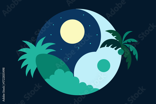 Stylized yin yang symbol with tropical island landscape at night and moon