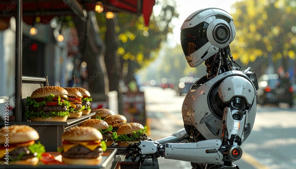 Fototapeta premium Futuristic Robot Serving Delicious Cheeseburger on City Street, Generated image