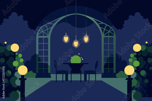 Romantic garden dining setup with illuminated lanterns and table for two at night