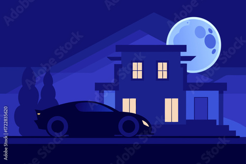 Modern house with a car parked outside under a large full moon at night