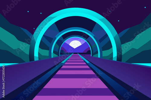 Futuristic neon tunnel with train tracks leading to a glowing moon and mountains