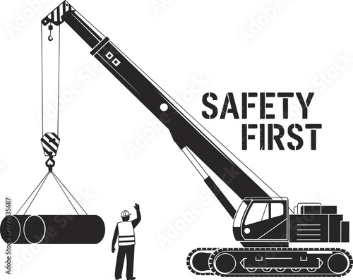 Silhouette vector illustration of construction crane lifting heavy pipes with worker in safety vest and helmet emphasizing industrial safety first
