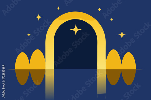 Golden archway with stars and reflections on dark blue water at night