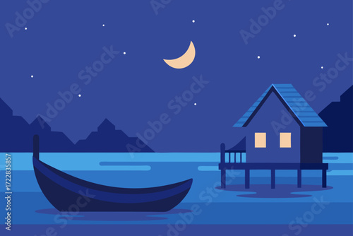 Serene night scene with a crescent moon stars boat and stilt house over water
