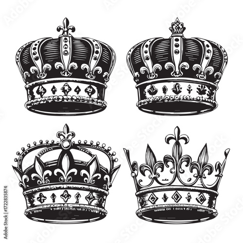 Four vintage crowns in black and white isolated on white background, each representing a unique design and historical significance