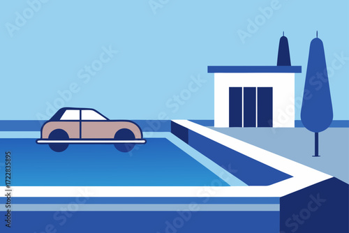 Modern minimalist illustration of a car parked by a sleek white building and a swimming pool