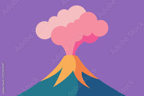 Stylized flat design illustration of a cartoon volcano erupting with pink smoke against a purple background