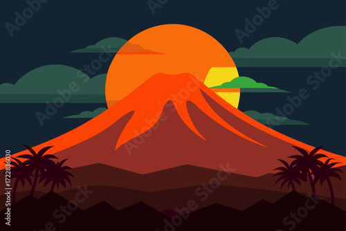 Vibrant flat design illustration of a volcano erupting with a large orange sun setting behind dark clouds and palm trees