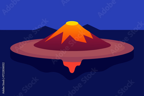 Stylized illustration of an active volcano erupting with lava flowing into a dark blue ocean at night