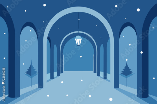 Serene winter scene with falling snow in a blue arched colonnade walkway with trees