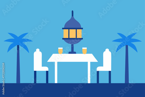 A minimalist flat illustration of a romantic outdoor dining setting with palm trees and a decorative lantern