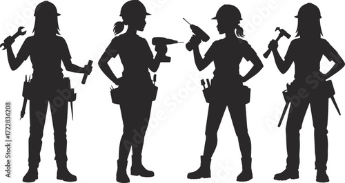 Silhouette vector illustration of female construction workers with tools, helmets, and equipment representing equality, teamwork, engineering, and skilled labor