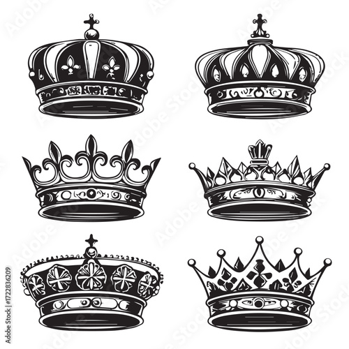 Six vintage crowns in black and white isolated on white background, showcasing royal power, elegance, and historical importance