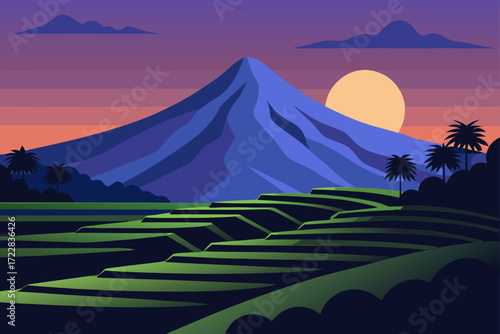Serene tropical landscape with terraced rice fields and a majestic mountain at sunset