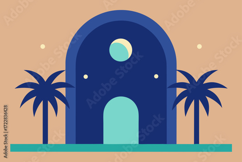 Minimalist illustration of a dark blue arched building with palm trees and celestial bodies