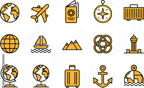 Golden travel icons representing global tourism adventures and international destinations for vacation planning and holiday exploration