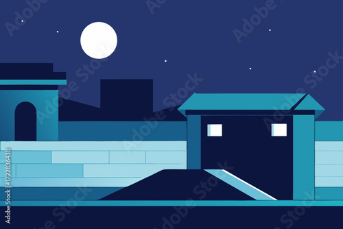 Stylized minimalist illustration of a peaceful village scene under a bright full moon and starry night sky