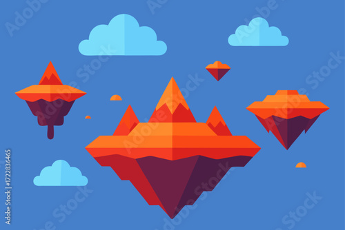 Vibrant fantasy floating islands with sharp peaks and geometric shapes against a clear blue sky