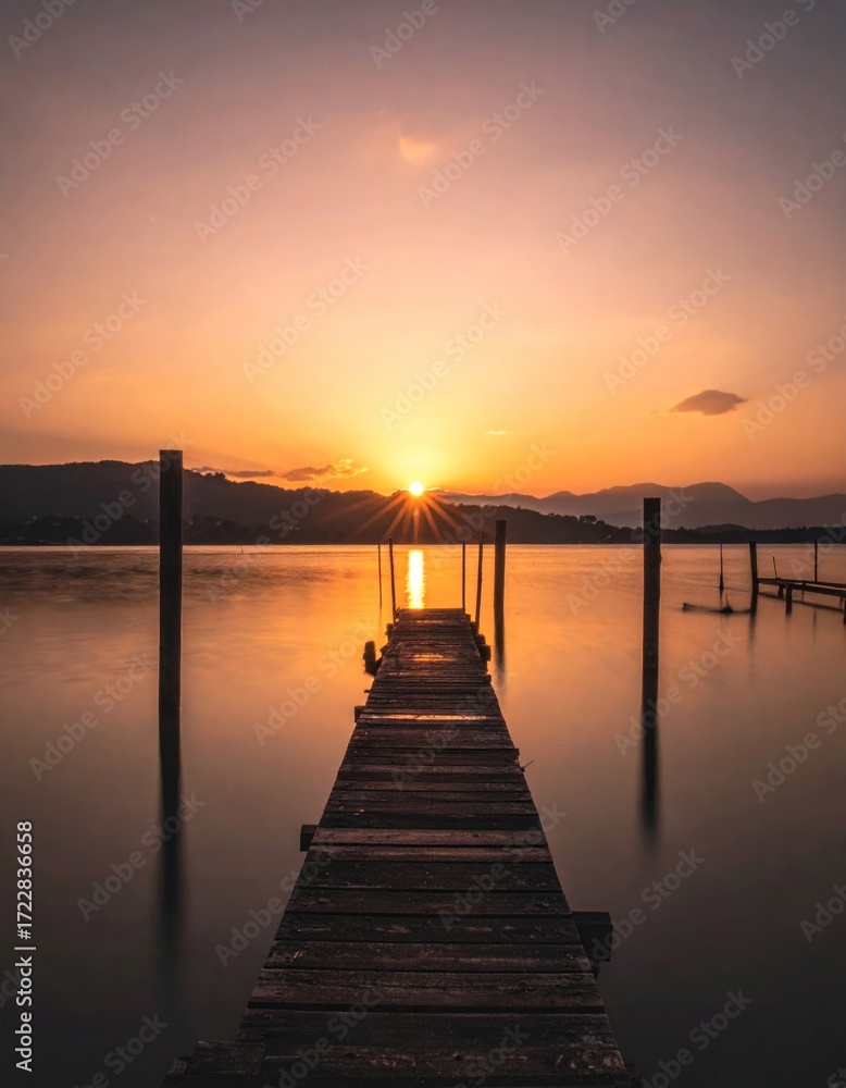 Obraz premium A wooden pier leads into calm, reflective water beneath a vibrant orange sunset over distant mountains, creating a tranquil atmosphere