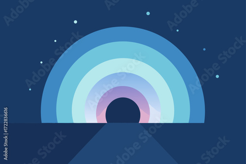 Abstract minimalist rainbow archway with stars against a dark blue night sky background
