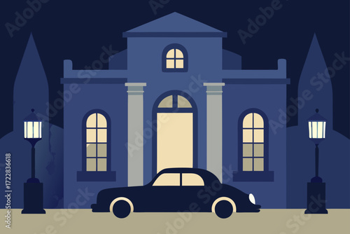 A vintage car parked in front of a grand building at night with streetlights illuminating the scene