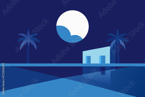 Tranquil minimalist night scene with a bright moon over a modern house and palm trees reflecting in water