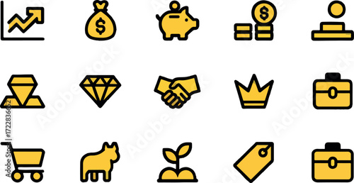 Golden icons representing business finance and growth showcasing wealth investment and prosperity for financial services and economic development projects
