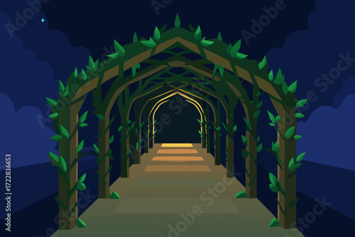 Enchanting green vine covered archway leading to a dark mysterious tunnel at night