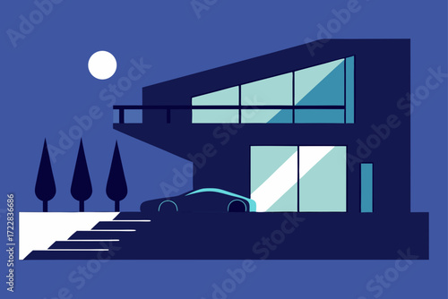 Modern minimalist luxury house with a sleek electric car parked outside at night under a full moon