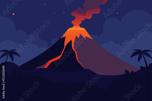 Fiery volcano erupting with lava flowing down its slopes under a dark starry night sky with palm trees