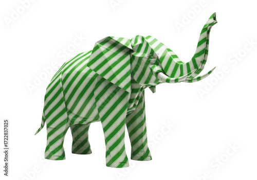 Photography Isolated origami elephant with green and white stripes folded paper animal figur